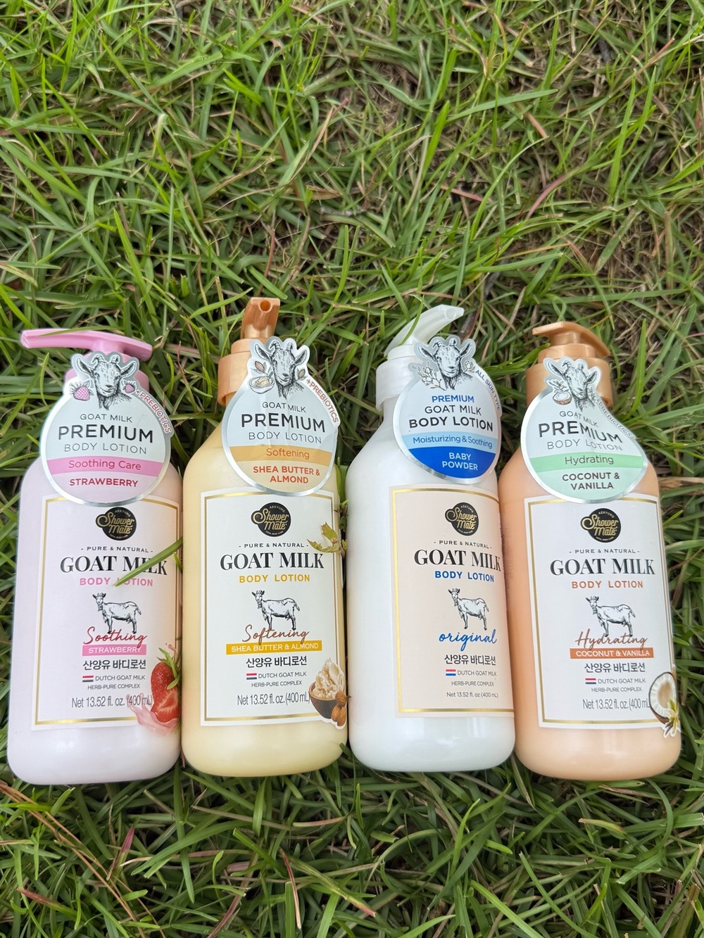 Shower Mate Goat Milk Body Lotion Set 4 Strawberry Coconut Shea Baby Powder